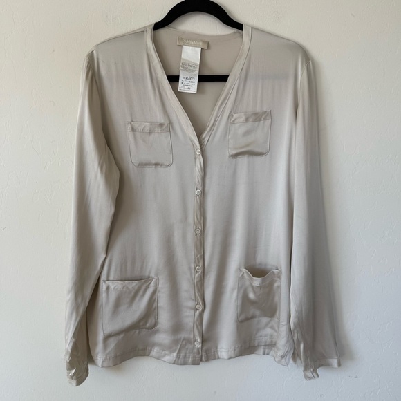 MaxMara Champagne Silk Pocket Front Button Down Blouse Top Size 10 - Picture 1 of 8